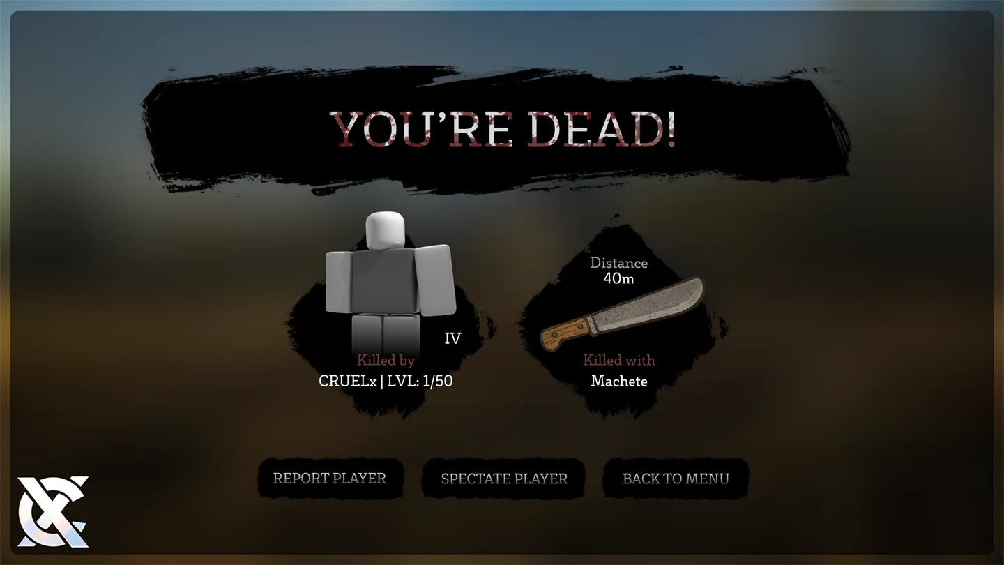 A grunge horror death screen reading You're dead, with the killer, the weapon and three action buttons