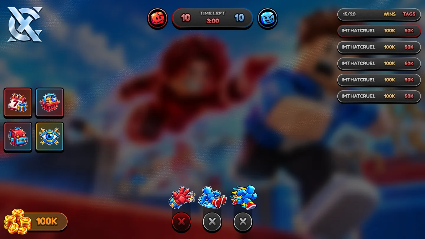 A colourful Roblox HUD with rounded icon buttons, a match timer, a leaderboard and a coin counter