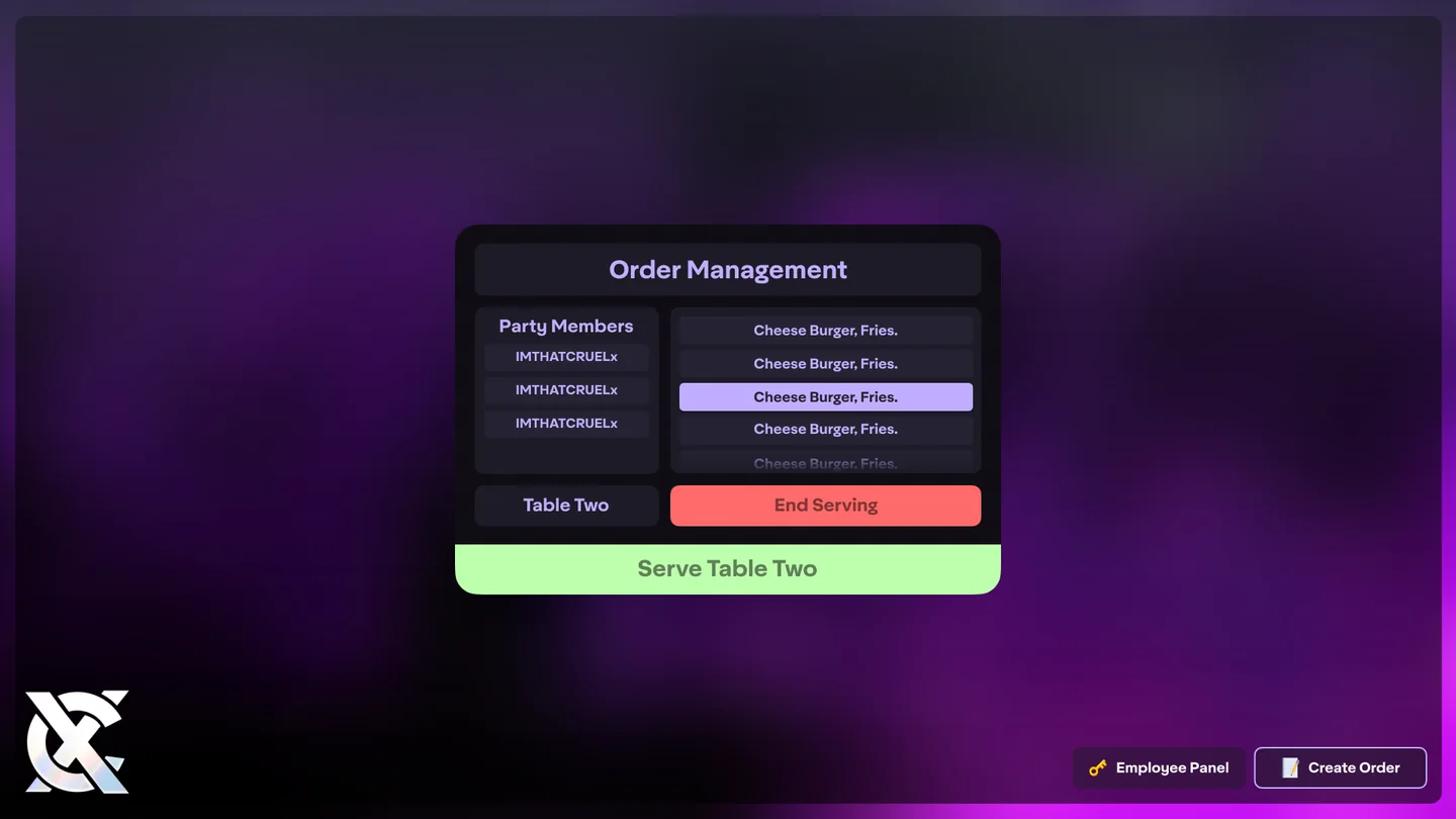 A modern dark purple order management panel with party members and order lists
